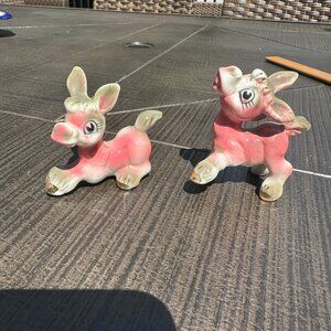 Pair of Vintage Ceramic Pink and White Little Donkey Figurines marked S 944